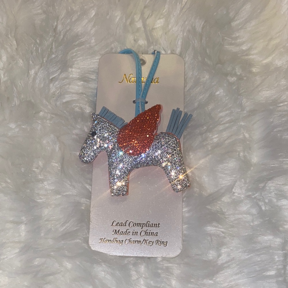 Sparkling Silver Unicorn Bag Charm Keychain with Orange Wings Reversible